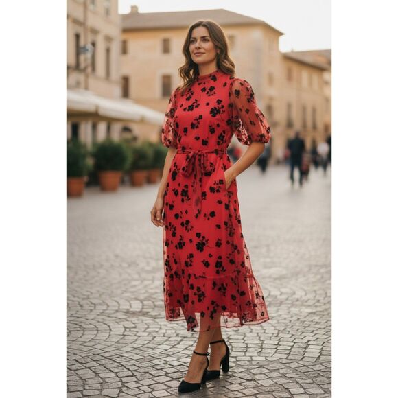 SHEIN Dresses & Skirts - SHEIN Red and black Floral Dress Puff Sleeve Chiffon Boho Style XL
